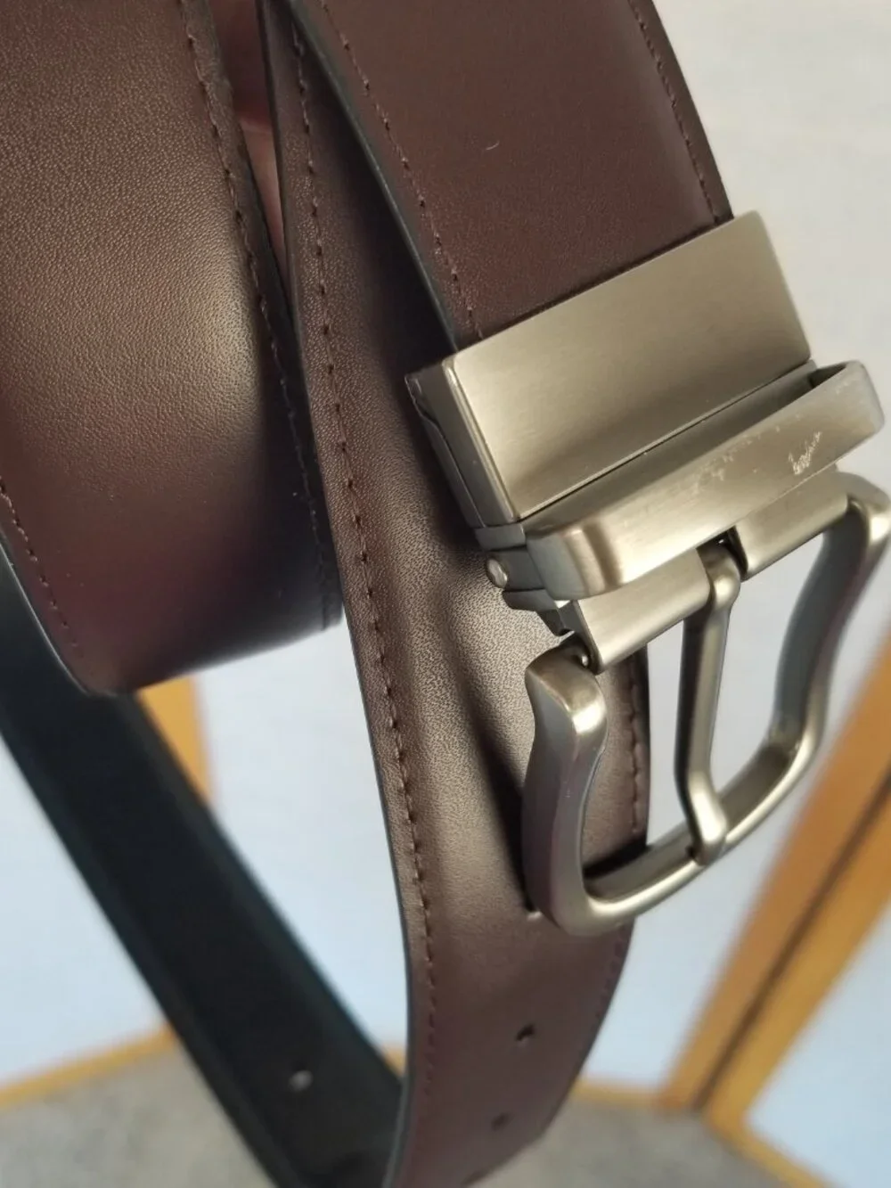 Men's Reversible Faux Leather Belt Black Brown Size 40 Brushed Silver Buckle